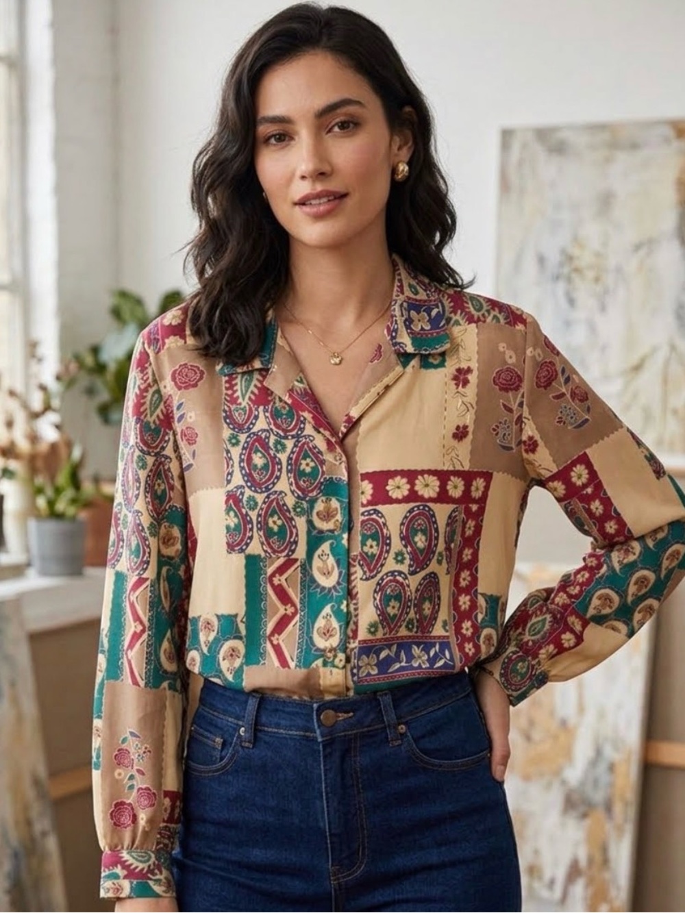 Vintage Boho Patchwork Print Button-Up Blouse in Beige, Burgundy & Teal